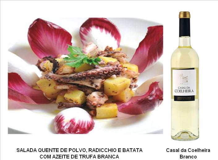 NGREDIENTES (4 Pax) POLVO JÁ COZIDO 300 G. BATATAS 250 G. ALFACE “RADICCHIO” 80 G. AZEITE DE TRUFA BRANCA Q.B. AZEITE EXTRA VIRGEM Q.B. SAL E PIMENTA PRETA Q.B. PREPARAÇÃO Cozer o polvo em água ou em caldo vegetal. Quando tiver morno limpa-lo e corta-lo em cubos. Descascar e cortar as batatas em cubos e coze-las em água a ferver com um pouco de sal grosso. Saltear as batatas em um pouco de azeite aromatizado com um dente de alho esmagado (que depois retiremos). Juntar o polvo e continuar a saltear rapidamente. Acrescentar o radicchio cortado em juliana grossa e deixar no lume só para 2-3 minutos. servir imediatamente com um fio de azeite de trufa e m pouco de pimenta preta moída