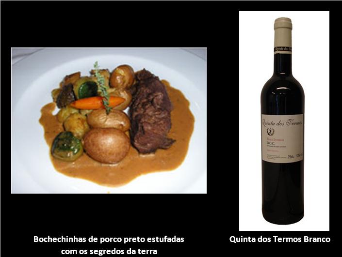 Para 1 pessoa: 100gr bochechinhas 40gr Cogumelos porcini 20gr castanha 10gr Cenoura baby 3dl Vinho Tinto 100gr Batata nova alho tominho e sal Estufar as bochechinhas de porco preto durante uma hora com vinho verde tinto, tomilho, sal e alho. cozer as batatas com casca com sal e tomilho e alho. cozer os legumes e saltear em azeite e alho. empratar as batatas sobrepondo os legumes e as bochechinhas, ladeando com  o molho de estufado. (Restaurante Segredos da Terra)