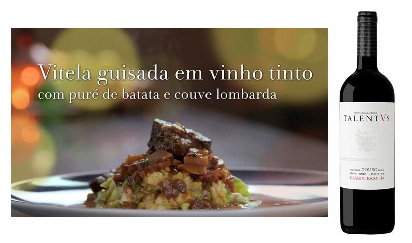 INGREDIENTES 200g de bochechas de vitela, para guisar 500ml de vinho tinto 50ml de vinho do porto 1 ramo de tomilho 1 ramo de alecrim 1 colher sopa de polpa de tomate 150ml de caldo de legumes 2 cebolas 3 dentes de alho 1 folha de louro 1 cenoura 1 alho francês 1 ramo de aipo 500g de batata para cozer  50g de manteiga 2 colheres de sopa de natas 100ml de leite 1 couve lombarda 50g de bacon fumado PREPARAÇÃO Comece por cozer a batata, descascada e em cubos. Corte os legumes (cenoura, alho, cebola, alho francês, aipo) em pedaços pequenos, previamente descascados.  Prepare um tacho largo com tampa e forre o fundo com azeite. Tempere a carne com uma pitada de sal e pimenta e leve a fritar  (Sugestão do chef: polvilhe a carne com um pouco de farinha, como se fosse um tempero, para dar consistência ao molho) Core a carne ligeiramente e retire. No mesmo tacho, refogue os legumes. Junte o louro e a polpa de tomate, envolvendo bem.  Junte o vinho tinto e o vinho do porto no tacho. Volte a colocar a carne. Perfume com o tomilho e o alecrim e adicione o caldo de legumes. Reduza o lume para o mínimo. Tape e deixe guisar cerca de meia hora a 45 minutos.  Escorra as batatas depois de cozidas e deixe-as secar um pouco. Esmague a batata grosseiramente. Volte a aquecer o tacho e coloque o leite, as natas e a manteiga. Separe 3 folhas de couve e retire o veio central. Corte em juliana. Pique também o bacon. Aqueça uma frigideira e aloure o bacon. Junte a couve e deixe saltear um pouco. Junte depois ao puré de batata e envolva bem (junte um pouco mais de leite, se ficar muito seco). Após guisada, retire a carne do lume. Sirva o puré e disponha alguns cubos de carne por cima, regando com o molho. Acompanhe com um tinto encorpado. 