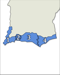 Denominações de Origem 1 - Lagos; 2 - Portimão; 3 - Lagoa; 4 - Tavira.