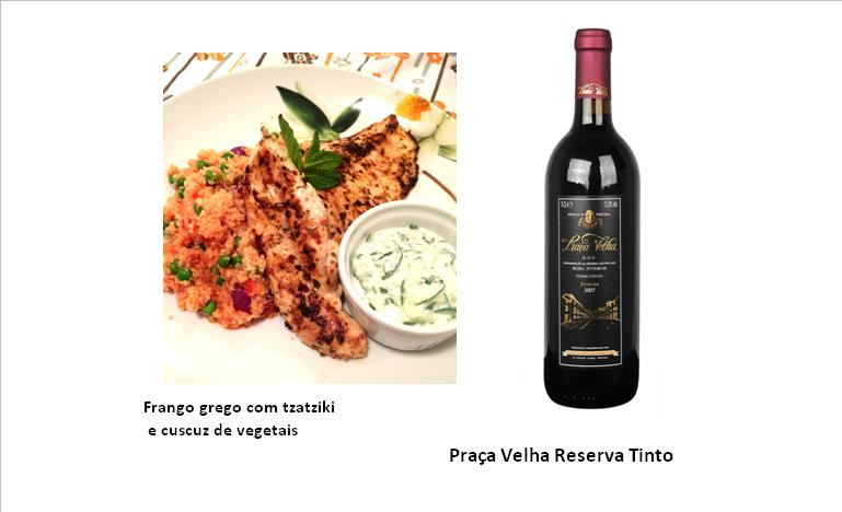 Ingredientes Cuscuz 1 xícara (300g) de cuscuz marroquino 2 pimentos de cores diferentes 1 pimenta vermelha fresca 4 cebolinhas 1/2 maço de funcho (dill) fresco 200g de ervilha congelada Um punhado de azeitonas pretas picadas e sem caroço 2cl de azeite Frango 2 filetes de frango 200g cada sem pele 1cl de orégãos secos 1cl de pimenta-da-jamaica (se não tiver use pimenta do reino) 1 limão Azeite Tzatziki 1/2 pepino 250g de iogurte desnatado 1/2 limão siciliano 1/2 mão de hortelã Preparação Coloque numa tigela 1 caneca de cuscuz, 2 canecas de água fervendo e uma pitada de sal e tampe. Sobre uma folha grande de papel manteiga tempere os filés com sal, o orégano seco, a pimenta-da-jamaica e as raspas do limão siciliano. Cubra com outra folha de papel manteiga e esmague com um rolo de massa até deixá-lo com 1,5cm de espessura. Coloque numa frigideira em fogo médio com 2 colheres de azeite, transfira o frango e cozinhe por 3-4 minutos de cada lado até ficarem dourados. Com um ralador quadrado, rale grosseiramente o pepino, polvilhe com uma boa pitada de sal, depois esprema bem o pepino com as mãos limpas para  tirar o excesso de líquido. Transfira o pepino para uma tigela e adicione o iogurte, o sumo de 1/2 limão,  as folhas de hortelã picadas. Misture tudo. Retire o talo e as sementes dos pimentos e da pimenta e bata tudo num processador ou mixer junto com as cebolinhas até formar um puré. Espalhe sobre a travessa grande. Adicione as ervilhas na travessa (se forem congeladas, escalde-as em água fervente por 2 minutos). Pique as azeitonas por cima e regue  com o suco de limão e o azeite extra-virgem. Afofe o cuscuz com um garfo e jogue na travessa misturando bem. Acerte o sal e a pimenta. Sirva o cuscuz, o frango e o tzatziki como molho.
