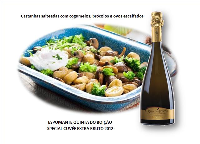Castanhas salteadas com cogumelos, brócolos e ovos escalfados