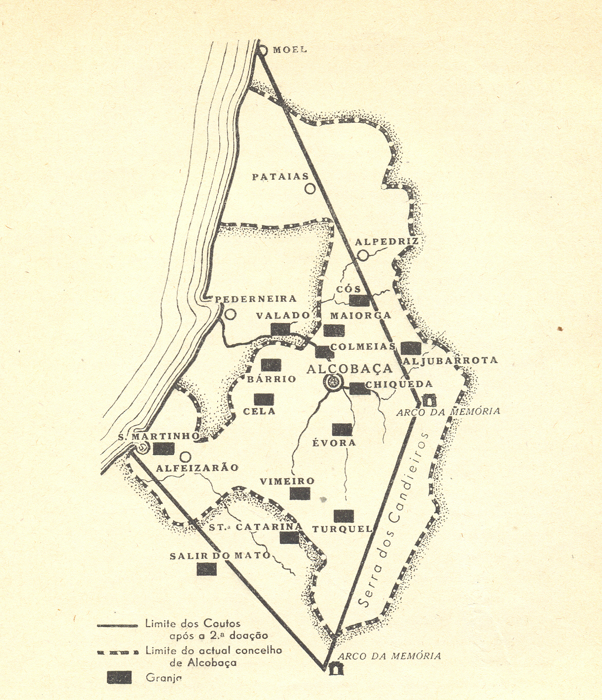 Mapa das Coutadas do Mosteiro de Alcobaça após a segunda doação do Rei à Ordem de Císter.