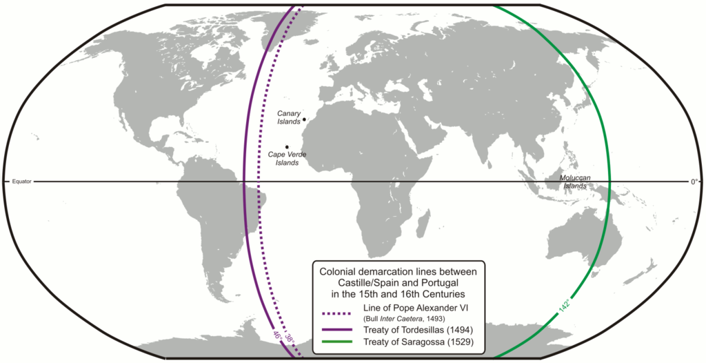 Mapa, segundo o Tratado de Tordesilhas