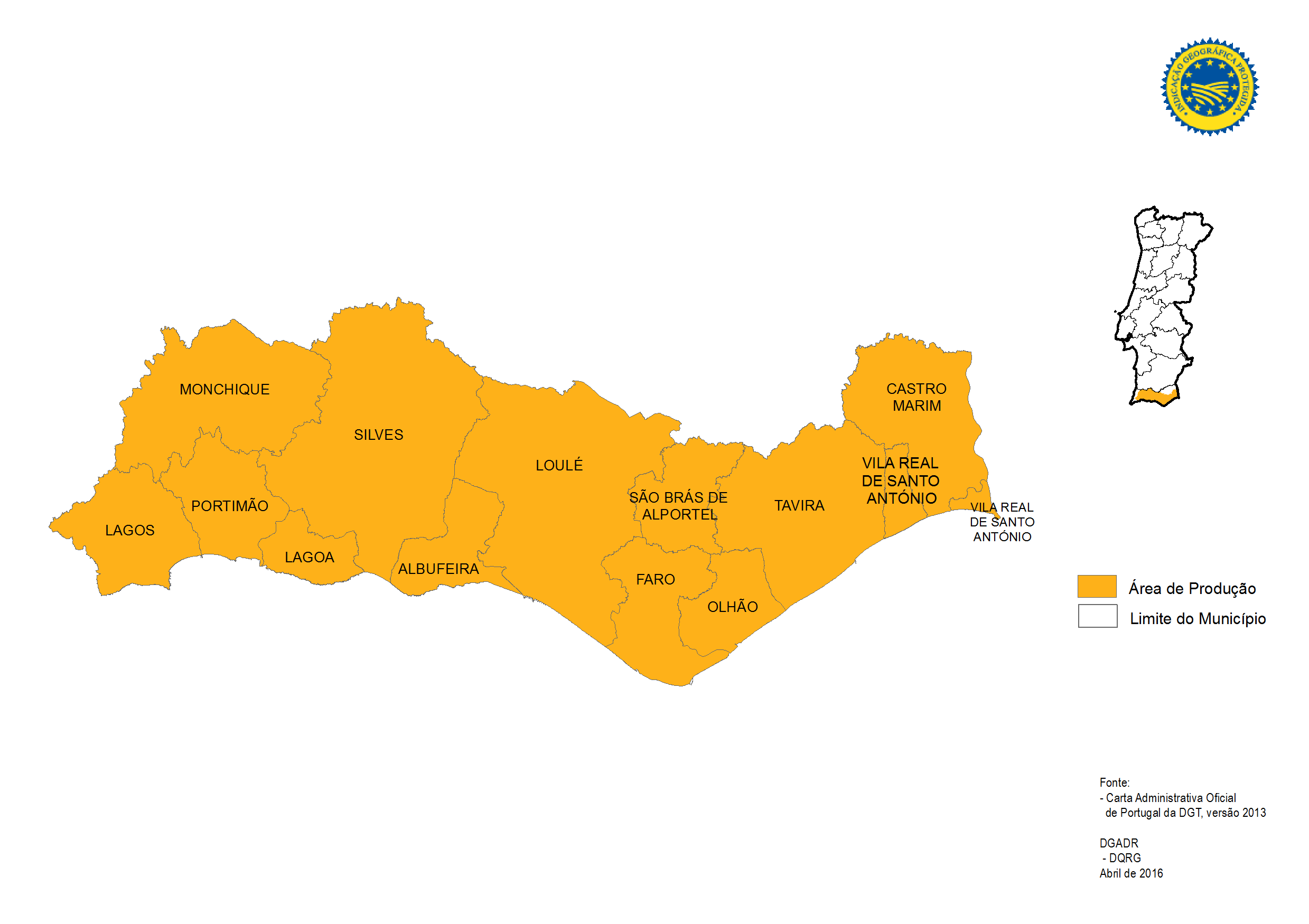 Mapa da Área Geográfica dos Citrinos IGP Algarve