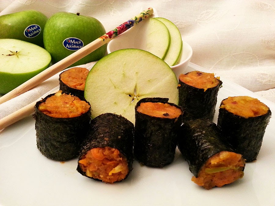 Sushi de alheira com maca verde de Alcobaça e cenoura