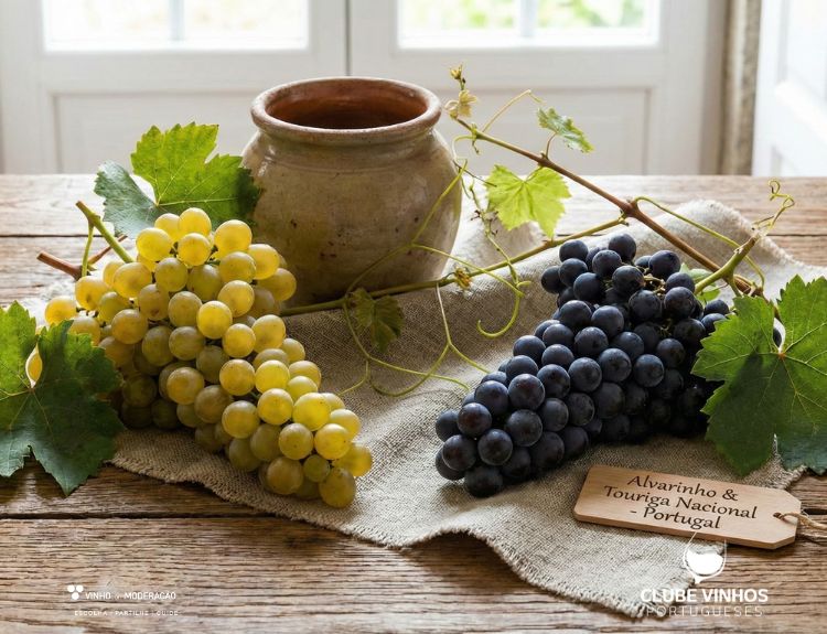 Castas nacionais como Alvarinho e as Tourigas.